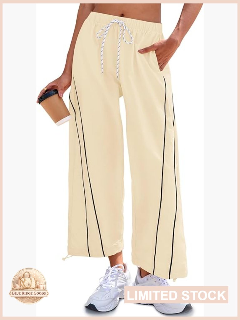 Womens Wide Leg Pants Elastic Waist Drawstring Hiking Workout Cropped Pants